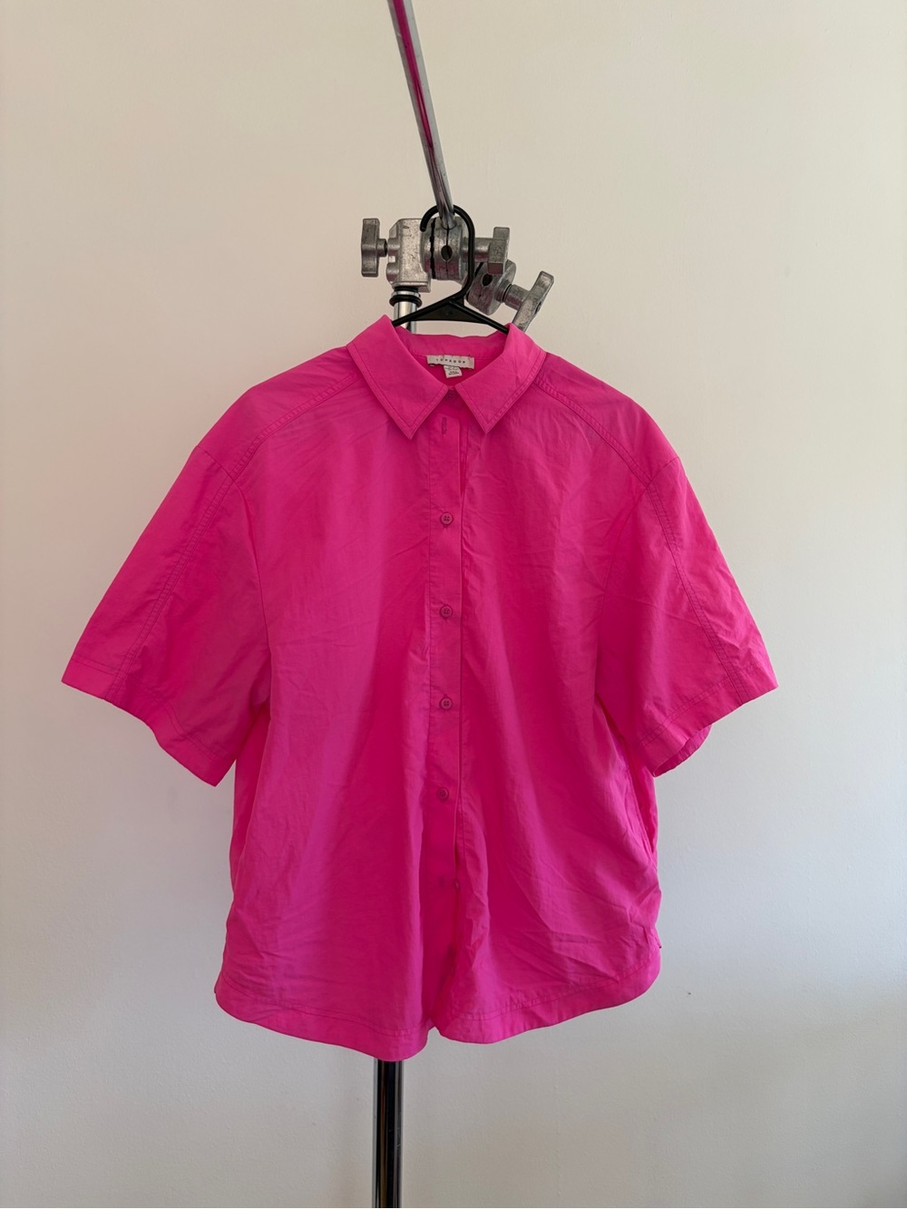 Topshop Short-Sleeve Button-Down Shirt in Hot Pink